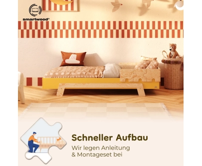 Einzelbett für Kinder mit Rausfallschutz und Lattenrost PUZZLE BR1 Montessori Holz