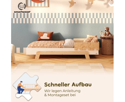 Einzelbett für Kinder mit Rausfallschutz und Lattenrost PUZZLE BR1 Montessori Holz