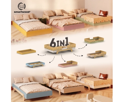 Einzelbett für Kinder mit Rausfallschutz und Lattenrost PUZZLE BR1 Montessori Holz