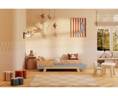 Einzelbett für Kinder mit Rausfallschutz und Lattenrost PUZZLE BR1 Montessori Holz