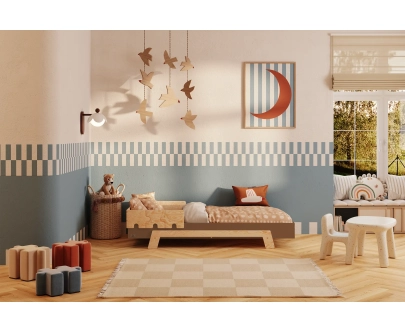 Einzelbett für Kinder mit Rausfallschutz und Lattenrost PUZZLE BR1 Montessori Holz