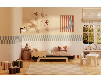 Einzelbett für Kinder mit Rausfallschutz und Lattenrost PUZZLE BR1 Montessori Holz