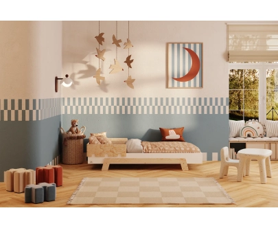 Einzelbett für Kinder mit Rausfallschutz und Lattenrost PUZZLE BR1 Montessori Holz