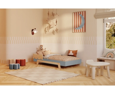 Einzelbett für Kinder mit Rausfallschutz und Lattenrost PUZZLE BR1 Montessori Holz