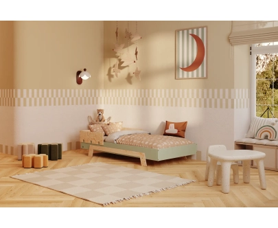 Einzelbett für Kinder mit Rausfallschutz und Lattenrost PUZZLE BR1 Montessori Holz