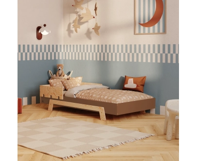 Einzelbett für Kinder mit Rausfallschutz und Lattenrost PUZZLE BR1 Montessori Holz