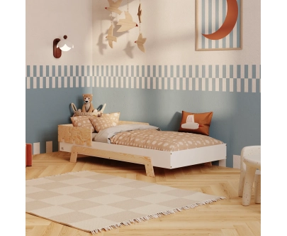 Einzelbett für Kinder mit Rausfallschutz und Lattenrost PUZZLE BR1 Montessori Holz