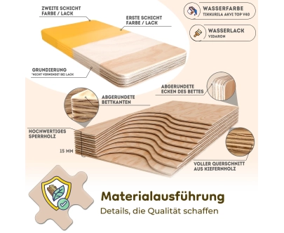 Einzelbett für Kinder mit Rausfallschutz und Lattenrost PUZZLE BR2 Montessori Holz