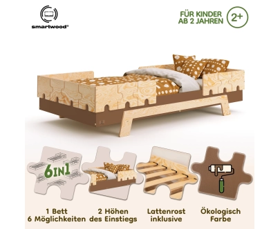 Einzelbett für Kinder mit Rausfallschutz und Lattenrost PUZZLE BR2 Montessori Holz