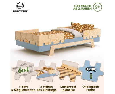 Einzelbett für Kinder mit Rausfallschutz und Lattenrost PUZZLE BR2 Montessori Holz