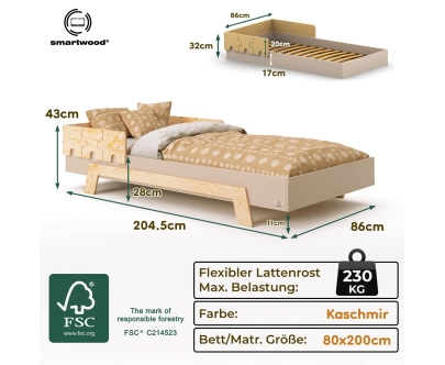 Einzelbett für Kinder mit Rausfallschutz und Lattenrost PUZZLE BR1 Montessori Holz