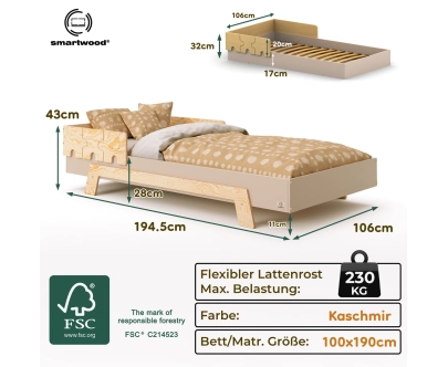 Einzelbett für Kinder mit Rausfallschutz und Lattenrost PUZZLE BR1 Montessori Holz