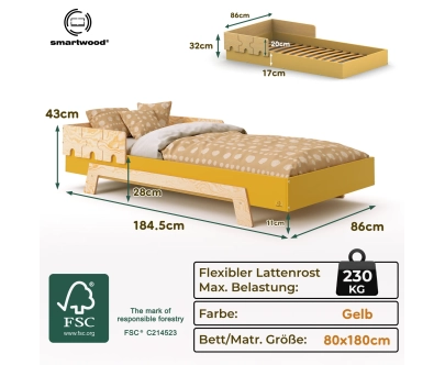 Einzelbett für Kinder mit Rausfallschutz und Lattenrost PUZZLE BR1 Montessori Holz