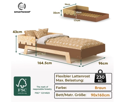 Einzelbett für Kinder mit Rausfallschutz und Lattenrost PUZZLE BR1 Montessori Holz