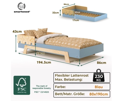 Einzelbett für Kinder mit Rausfallschutz und Lattenrost PUZZLE BR1 Montessori Holz