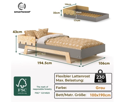 Einzelbett für Kinder mit Rausfallschutz und Lattenrost PUZZLE BR1 Montessori Holz