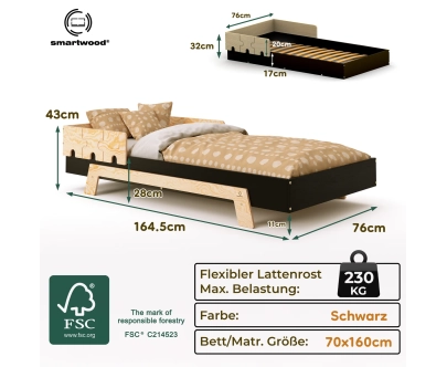 Einzelbett für Kinder mit Rausfallschutz und Lattenrost PUZZLE BR1 Montessori Holz