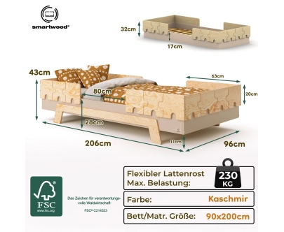 Einzelbett für Kinder mit Rausfallschutz und Lattenrost PUZZLE BR2 Montessori Holz