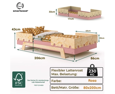 Einzelbett für Kinder mit Rausfallschutz und Lattenrost PUZZLE BR2 Montessori Holz