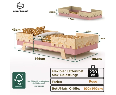 Einzelbett für Kinder mit Rausfallschutz und Lattenrost PUZZLE BR2 Montessori Holz