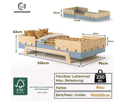 Einzelbett für Kinder mit Rausfallschutz und Lattenrost PUZZLE BR2 Montessori Holz