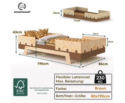 Einzelbett für Kinder mit Rausfallschutz und Lattenrost PUZZLE BR2 Montessori Holz