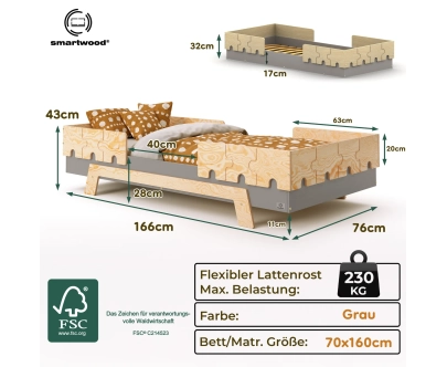 Einzelbett für Kinder mit Rausfallschutz und Lattenrost PUZZLE BR2 Montessori Holz