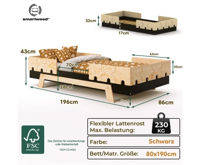 Einzelbett für Kinder mit Rausfallschutz und Lattenrost PUZZLE BR2 Montessori Holz