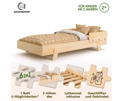 Einzelbett für Kinder mit Rausfallschutz und Lattenrost PUZZLE BR1 Montessori Holz