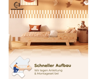 Einzelbett für Kinder mit Rausfallschutz und Lattenrost PUZZLE BR1 Montessori Holz