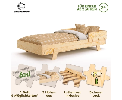 Einzelbett für Kinder mit Rausfallschutz und Lattenrost PUZZLE BR1 Montessori Holz