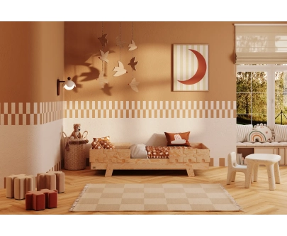 Einzelbett für Kinder mit Rausfallschutz und Lattenrost PUZZLE BR2 Montessori Holz