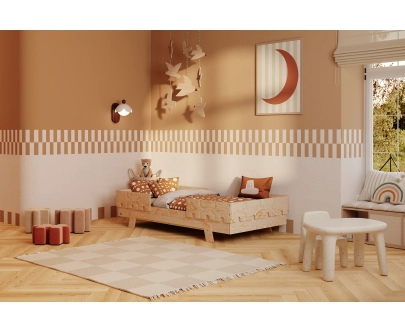 Einzelbett für Kinder mit Rausfallschutz und Lattenrost PUZZLE BR2 Montessori Holz