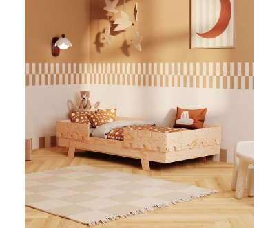 Einzelbett für Kinder mit Rausfallschutz und Lattenrost PUZZLE BR2 Montessori Holz