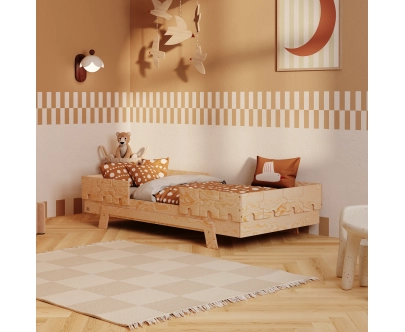 Einzelbett für Kinder mit Rausfallschutz und Lattenrost PUZZLE BR2 Montessori Holz