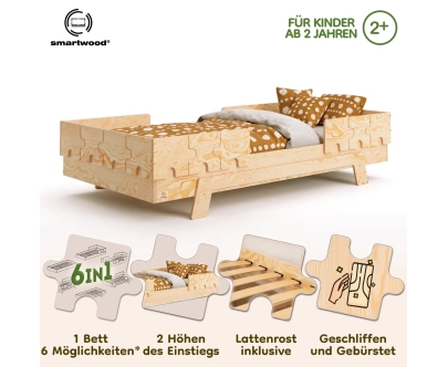 Einzelbett für Kinder mit Rausfallschutz und Lattenrost PUZZLE BR2 Montessori Holz