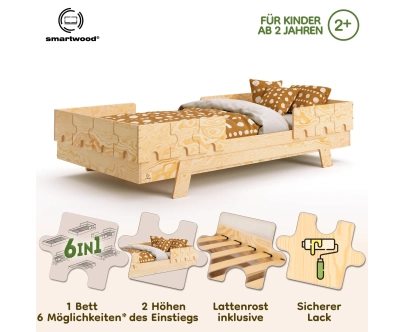 Einzelbett für Kinder mit Rausfallschutz und Lattenrost PUZZLE BR2 Montessori Holz