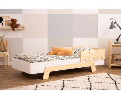 Einzelbett für Kinder mit Rausfallschutz und Lattenrost PUZZLE BR1 Montessori Holz
