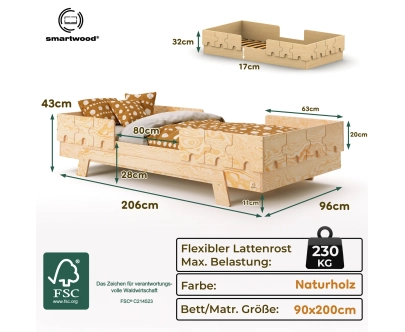 Einzelbett für Kinder mit Rausfallschutz und Lattenrost PUZZLE BR2 Montessori Holz