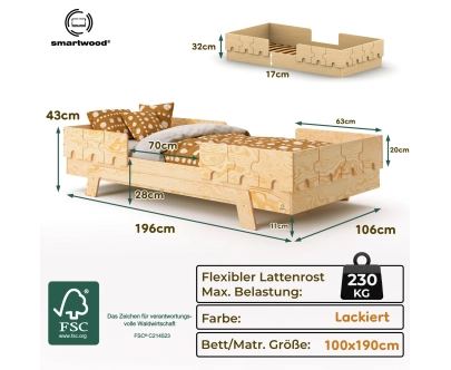 Einzelbett für Kinder mit Rausfallschutz und Lattenrost PUZZLE BR2 Montessori Holz