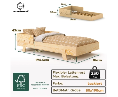 Einzelbett für Kinder mit Rausfallschutz und Lattenrost PUZZLE BR1 Montessori Holz