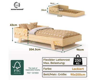 Einzelbett für Kinder mit Rausfallschutz und Lattenrost PUZZLE BR1 Montessori Holz