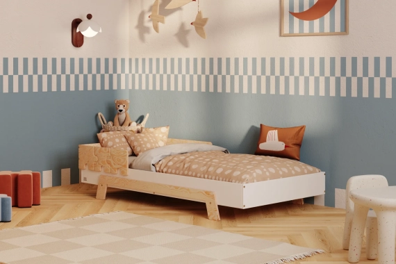 Einzelbett für Kinder mit Rausfallschutz und Lattenrost PUZZLE BR1 Montessori Holz