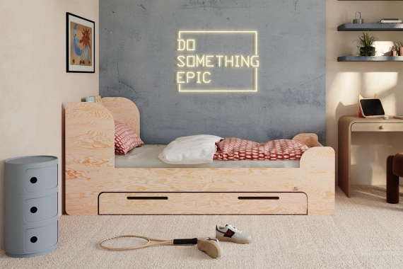 Einzelbett für Kinder und Jugendliche mit Schublade und Lattenrost FLOU D Klassisch Holz