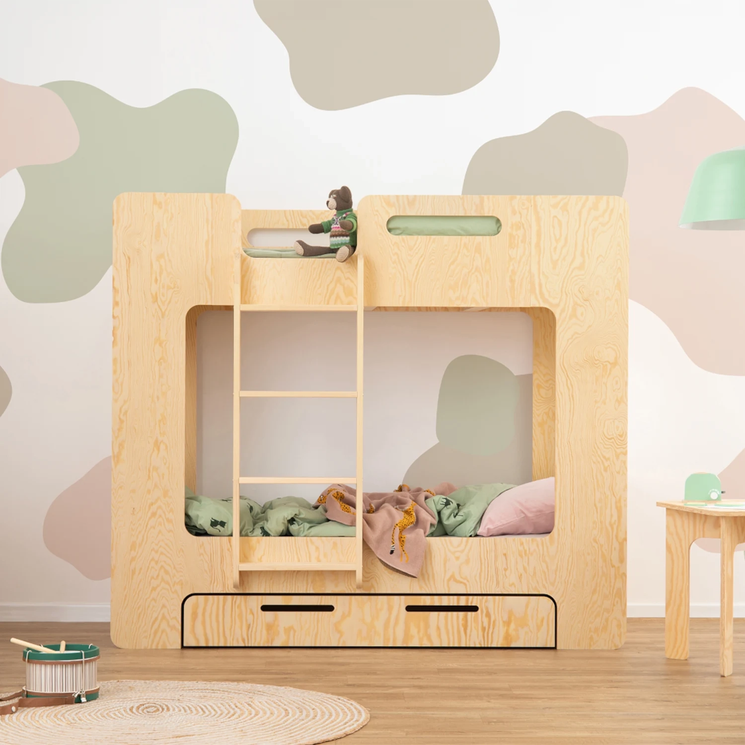 Etagenbett für Kinder mit Schublade und Lattenrost MIMI D Montessori Holz, LAGERUNG Funktion - in Naturholz - Naturholz, 70x160 | Smartwood