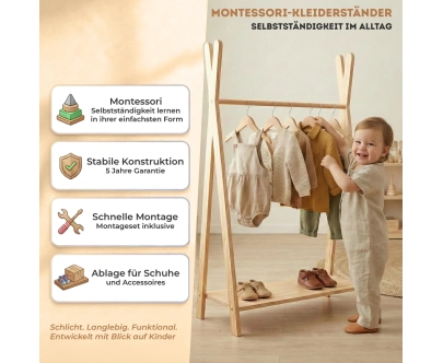 Kleiderständer für Kinder mit Ablage TIPI Montessori Holz
