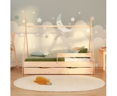 Hausbett für Kinder mit Schublade, Rausfallschutz und Lattenrost TIPI D Montessori Holz