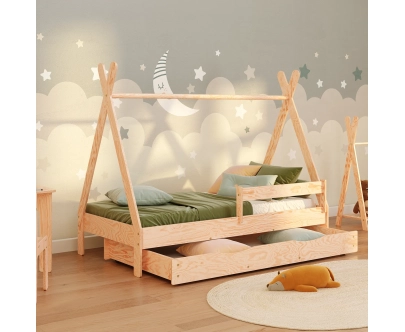 Hausbett für Kinder mit Schublade, Rausfallschutz und Lattenrost TIPI D Montessori Holz