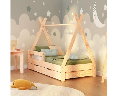 Hausbett für Kinder mit Schublade, Rausfallschutz und Lattenrost TIPI D Montessori Holz