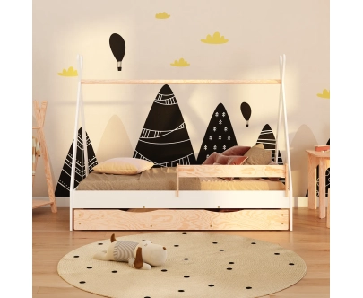 Hausbett für Kinder mit Schublade, Rausfallschutz und Lattenrost TIPI D Montessori Holz